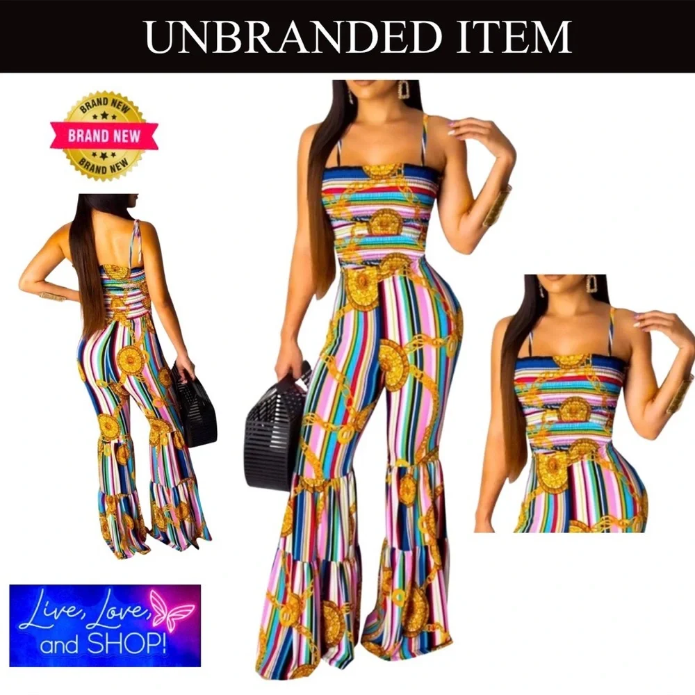 Blue & Gold Striped Print Crop Top w/Shoulder Straps & Wide Leg Jumpsuit, EUC